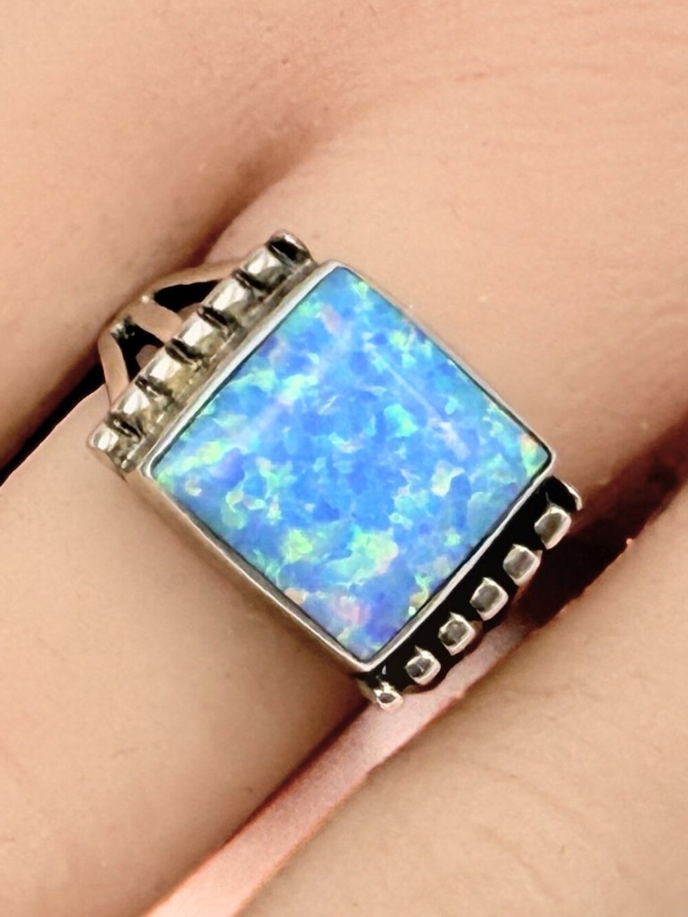 OTT Marked Southwest Sterling Silver Square Lab Opal Ring Sz 6